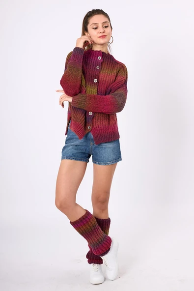 Peraluna Anabella Bol Kesim Kadın Triko Hırka - Bordo Melanj - Resim 6