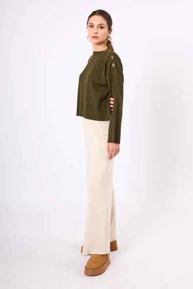 Peraluna Molly Omuzu Düğmeli Kadın Triko Kazak - Koyu Yeşil Melanj - 6