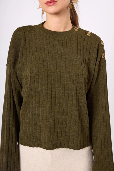 Peraluna Molly Omuzu Düğmeli Kadın Triko Kazak - Koyu Yeşil Melanj - 5