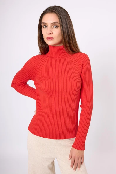Peraluna Britta Rib Örgü Fit Kalıp Kadın Triko Kazak - Kırmızı - Resim 3