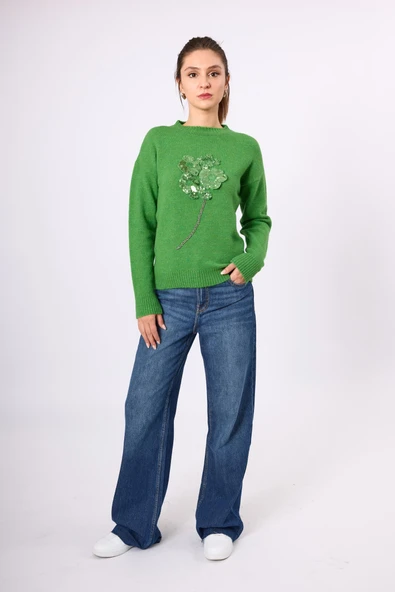 Peraluna Lorna Boncuk İşlemeli Kadın Triko Kazak - Açık Yeşil ürün görseli 1