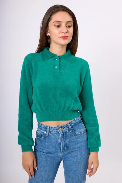 Peraluna Lucy Krop Kesim Polo Yaka Kadın Triko Bluz - Koyu Yeşil - Resim 6