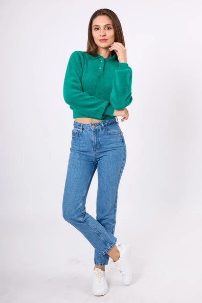 Peraluna Lucy Krop Kesim Polo Yaka Kadın Triko Bluz - Koyu Yeşil - Resim 8