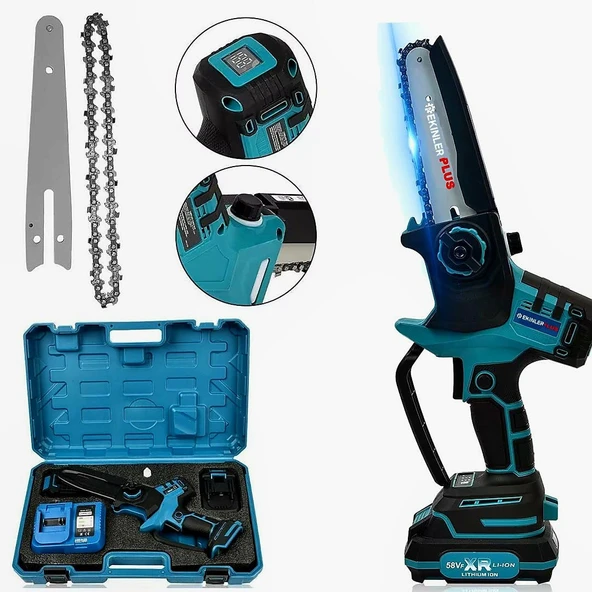 Otomatik Yağlamalı Şarjlı El Testeresi Ağaç Odun Dal Kesme Budama Çift Batarya Dijital Göstergel EEA363