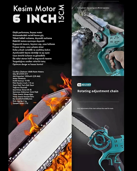 Otomatik Yağlamalı Şarjlı El Testeresi Ağaç Odun Dal Kesme Budama Çift Batarya Dijital Göstergel EEA363 - 4