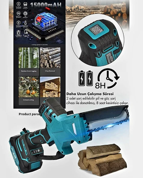 Otomatik Yağlamalı Şarjlı El Testeresi Ağaç Odun Dal Kesme Budama Çift Batarya Dijital Göstergel EEA363 - 3