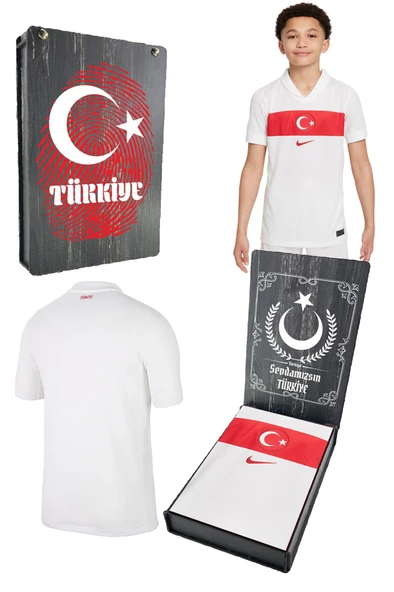 Türkiye Milli Takım Beyaz Çocuk Forması Orijinal Taraftar Forması Hediyelik Ahşap Kutulu