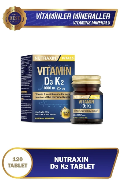 Nutraxin D3K2 120 Tablet - 1000 IU D3 vitamini, 25 mcg K2 vitamini