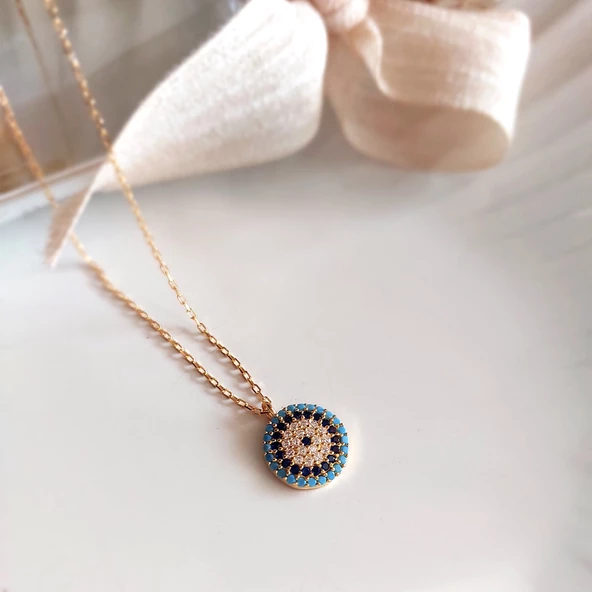 Vaoov 925 Ayar Gümüş Altın Kaplama Taşlı Nazar Kolye - Resim 3