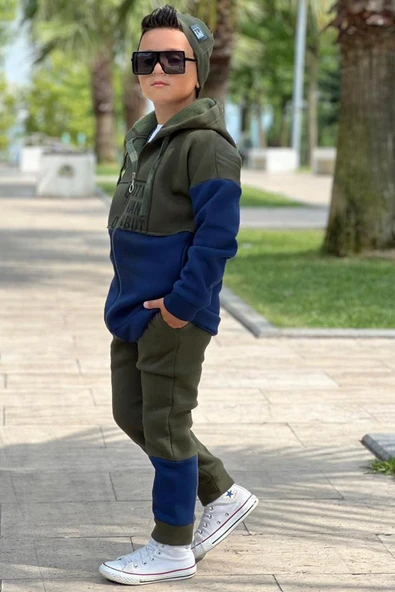 Erkek Çocuk Yazı Baskılı Kazak Çift Renk Ceket Haki-Gri Eşofman Takım - 2