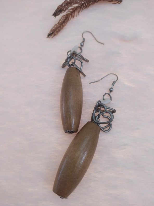 Vintage Otantik Sallantılı Anadolu Ahşap Kahve Rengi Küpe - 3