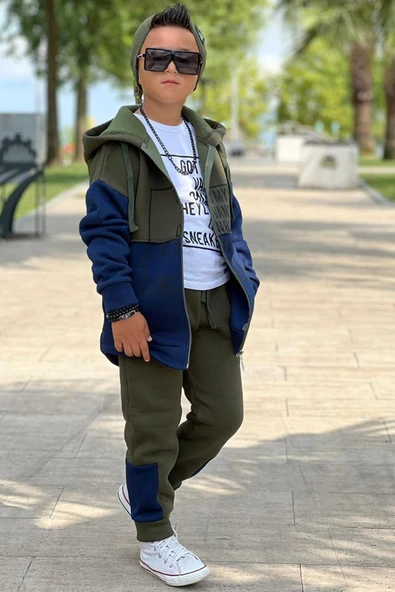 Erkek Çocuk Yazı Baskılı Kazak Çift Renk Ceket Haki-Gri Eşofman Takım - 3