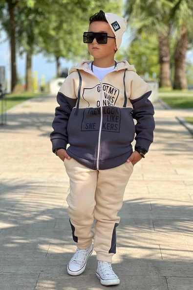 Erkek Çocuk Yazı Baskılı Kazak Çift Renk Ceket Krem-Gri Eşofman Takım - 2