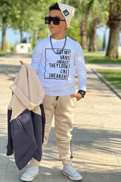 Erkek Çocuk Yazı Baskılı Kazak Çift Renk Ceket Krem-Gri Eşofman Takım - 3