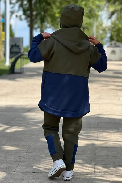 Erkek Çocuk Yazı Baskılı Kazak Çift Renk Ceket Haki-Gri Eşofman Takım - 5