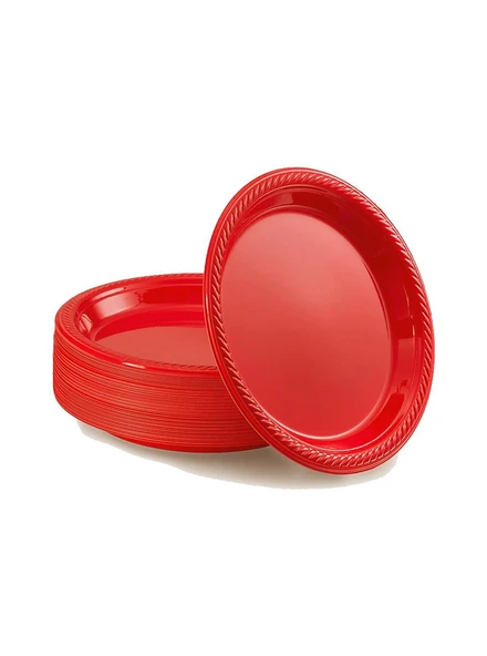 Roll-Up Kullan At Renkli Kırmızı Parti Davet Plastik Tabak - 22 Cm. - 25 Adetlik Paket - 2