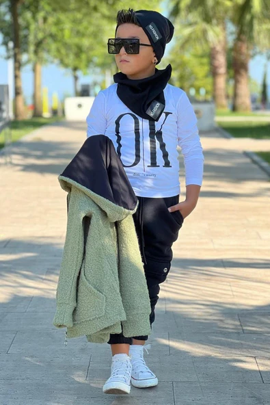 Erkek Çocuk OK Yazı Baskılı Kazak Yeşil Peluş Yünlü Ceket Penye Alt Eşofman Takım - 3