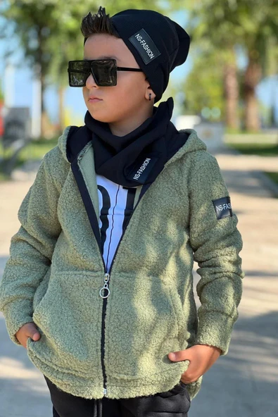 Erkek Çocuk OK Yazı Baskılı Kazak Yeşil Peluş Yünlü Ceket Penye Alt Eşofman Takım - 4