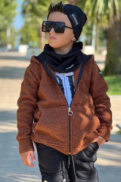 Erkek Çocuk OK Yazı Baskılı Kazak Kahverengi Peluş Yünlü Ceket Penye Alt Eşofman Takım - 4