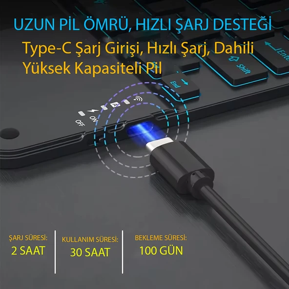 TriLine 9.7” RGB Renkli Aydınlatmalı İngilizce Bluetooth Klavye 24.5X17.5 cm İnce Slim Şarj Edilebilir - 7