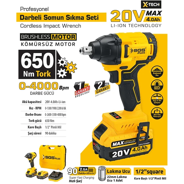 SGS Darbeli Somun Sıkma Seti 20V 4.0 Ah - Resim 2