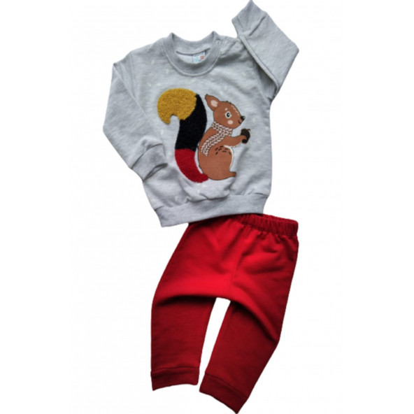 Unisex Çocuk Kırmızı Sincap Nakışlı Mevsimlik 2li Takım