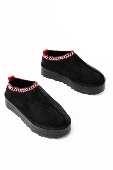 Siyah Süet İçi Kürklü Kışlık Kapalı Burun Kadın Günlük Terlik - Resim 4