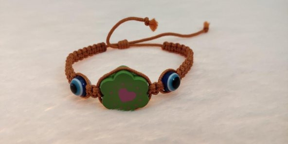 Sevimli Nazar Boncuklu Çiçek Kalp Örgü Ayarlanabilir Bileklik Kahverengi