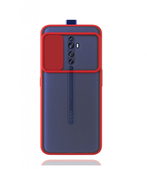 KNY OPPO Reno 2Z Kılıf Renkli Silikon Kenarlı Sürgülü Buzlu Lensi Kapak Kırmızı