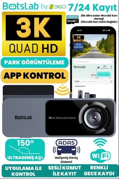 +360  Botslab Hk50 Wi-fi 1620p 150° Ultra Geniş Açı Gece Görüşlü Akıllı Araç Içi kamera (2024)