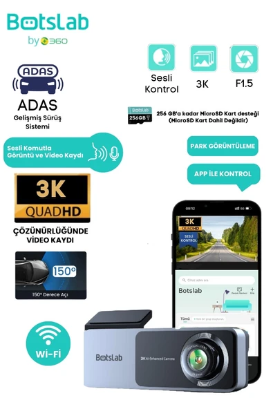+360  Botslab Hk50 Wi-fi 1620p 150 Ultra Geniş Açı Gece Görüşlü Akıllı Araç Içi kamera (2024) - 2