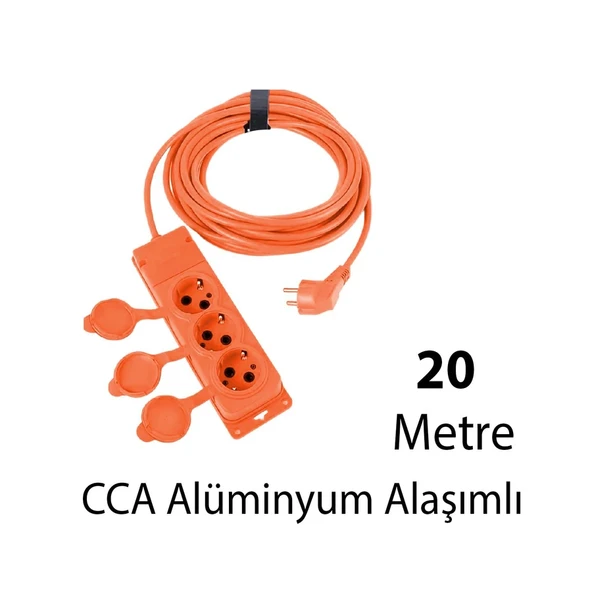 Monofaze CCA Uzatma Kablosu 3x2.5 mm Çoğaltıcı Seyyar Topraklı Kapaklı 3'lü Grup Priz Fiş 20 Metre - 3