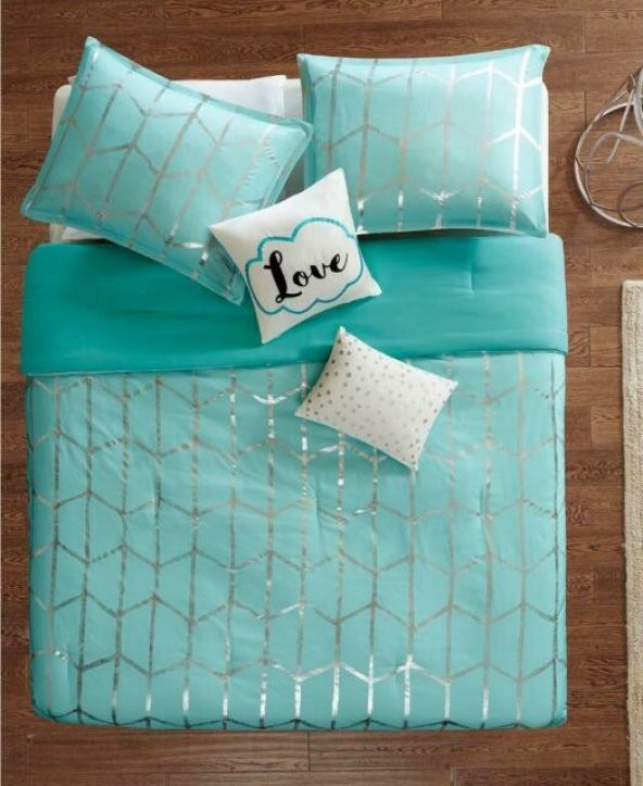 Mavi Gümüş Renk Çizgili Raina 5 Parça Yorgan Seti - 3