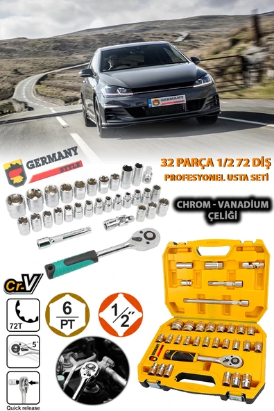 Germany Style 1/2 Lokma Takımı 32 Parça 72 Diş Profesyonel Usta Seti Lokma Seti Krom Vanadium Çeliği - 3