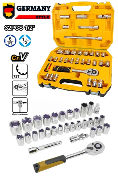 Germany Style 1/2 Lokma Takımı 32 Parça 72 Diş Profesyonel Usta Seti Lokma Seti Krom Vanadium Çeliği