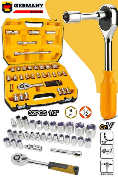 Germany Style 1/2 Lokma Takımı 32 Parça 72 Diş Profesyonel Usta Seti Lokma Seti Krom Vanadium Çeliği - 2