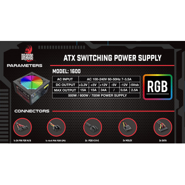 Dragos DRG-RGB500W-1600 500W 80+ White 12 CM Fanlı Güç Kaynağı - 5