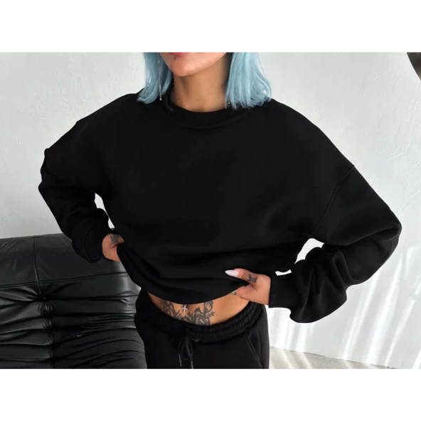 Kışlık Bisiklet Yaka Üç İplik Basic SweatShirt - Siyah - Resim 2