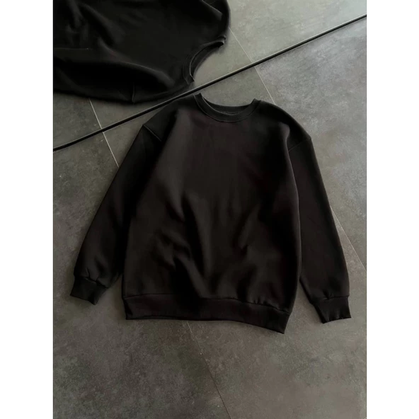 Kışlık Bisiklet Yaka Üç İplik Basic SweatShirt - Siyah - Resim 4