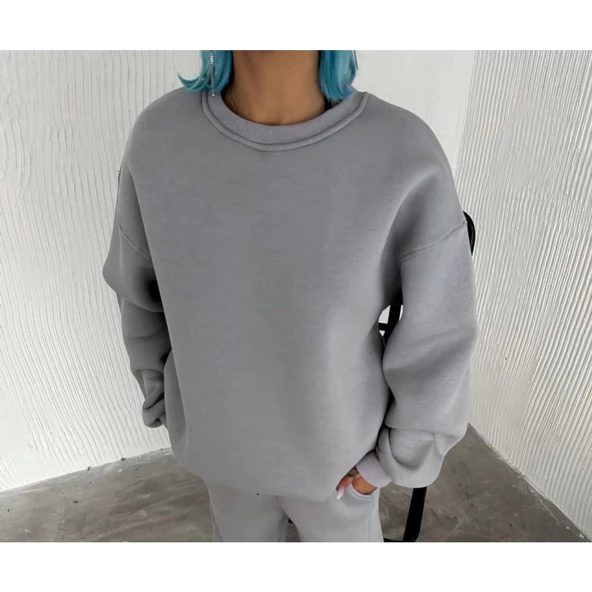 Kışlık Bisiklet Yaka Üç İplik Basic SweatShirt - Gri