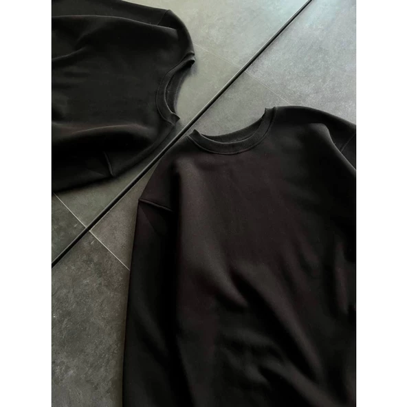 Kışlık Bisiklet Yaka Üç İplik Basic SweatShirt - Siyah - Resim 3