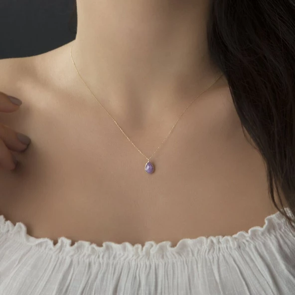 14 Ayar Altın Damla Kolye Lila - Resim 2
