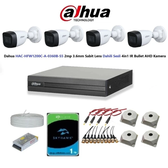 Dahua 2mp 4 kameralı Dış Ortam Dahili Sesli Full Kamera Seti 1TB Disk HAC-HFW1200C-A-0360B ürün görseli 1