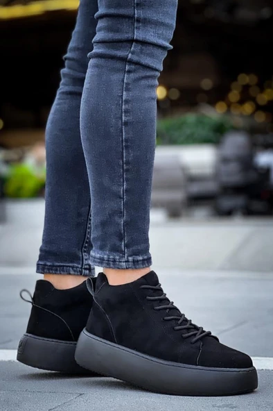 LE10 Bağcıklı Erkek Yüksek Siyah Taban Siyah Süet Spor Bot - Resim 5