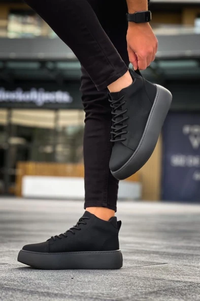 LE10 Bağcıklı Erkek Yüksek Siyah Taban Siyah Spor Bot - 6