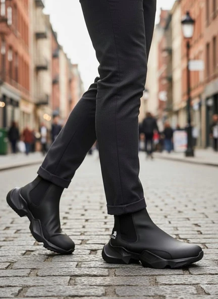 BA0444 Bağcıksız Rahat Yüksek Taban Siyah Erkek Spor Yarım Bilek Bot - Resim 2