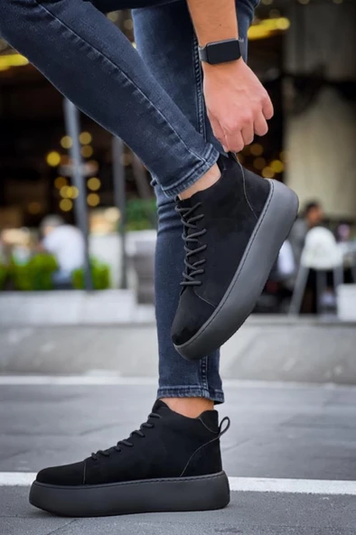 LE10 Bağcıklı Erkek Yüksek Siyah Taban Siyah Süet Spor Bot - Resim 6