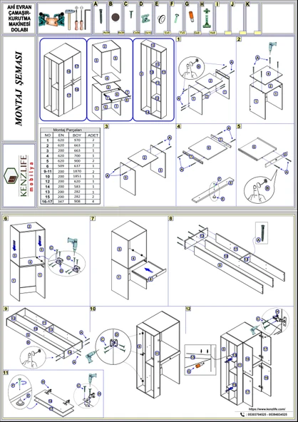 Kenzlife çamaşır-kurutma makinesi dolabı ahi evran sol byz 187*090*60 çekmeceli + tekli duvar rafı hediye - Resim 2