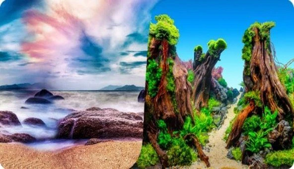 Akvaryum Arka Fon 3 Boyutlu Manzara Çift Taraflı Sahil ve Bitki 60cm 1metre ürün görseli