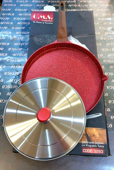 OMS 3293 Çevirme Kapaklı Bazlama Gözleme Balık Tavası Döküm 34 Cm Kırmızı - Resim 3
